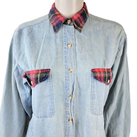 Vintage 90s Plaid Denim Shirt Women Medium Blue Red Button Up Collar Long Sleeve - Picture 3 of 16